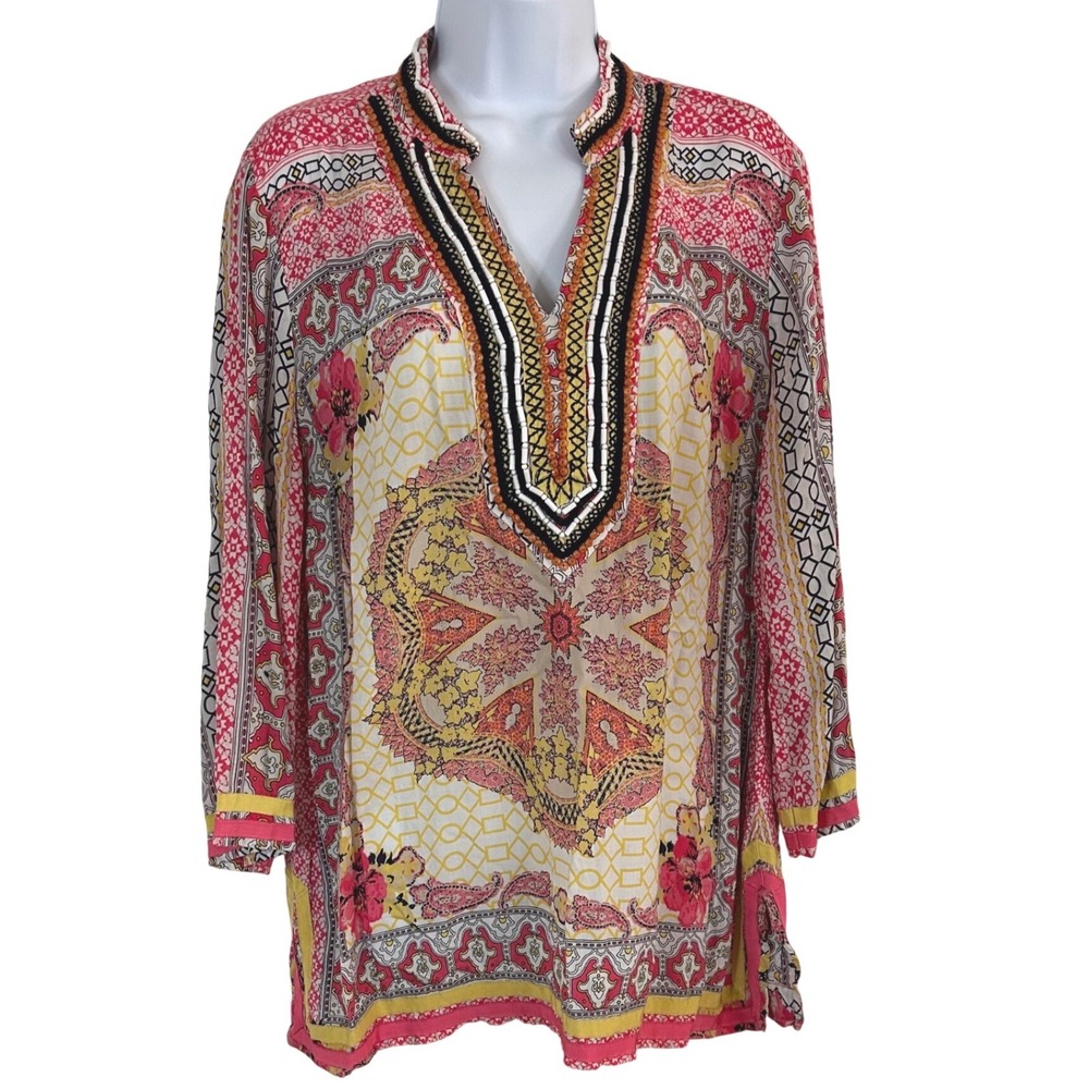 Charter Club Women's‎ L Pink Yellow Beaded Paisley Rayon Tunic Top Boho Festival